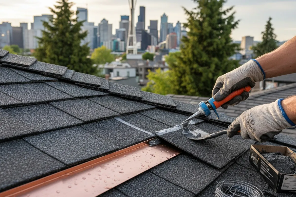 Seattle, WA roof repair close-up showing skilled shingle flashing and sealing work by a technician