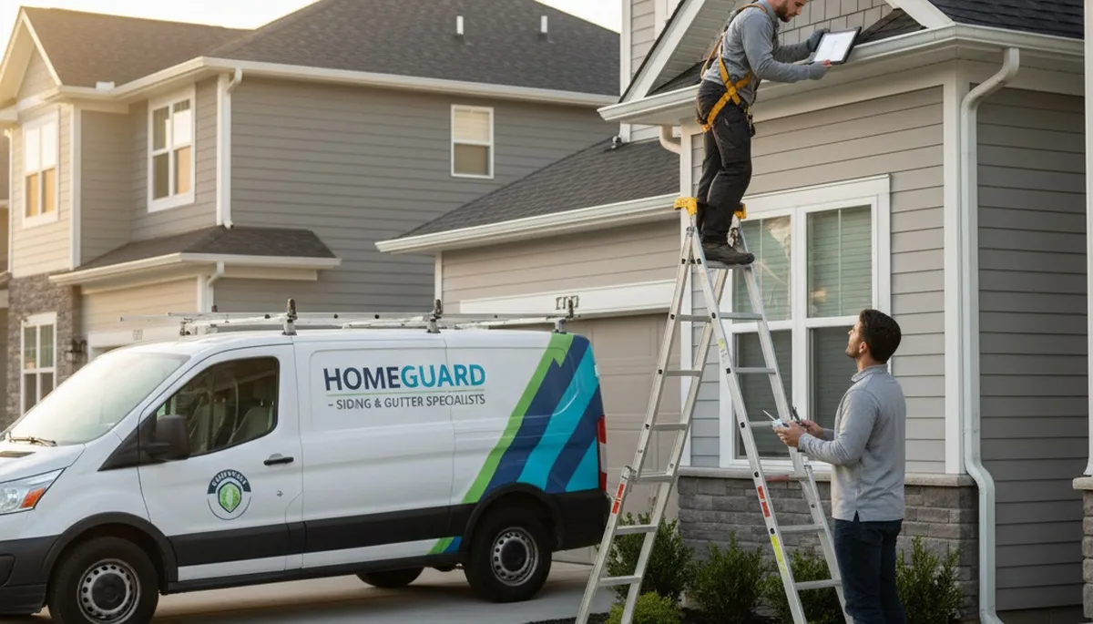 Technician performing vinyl siding and gutter inspection on Seattle WA home exterior