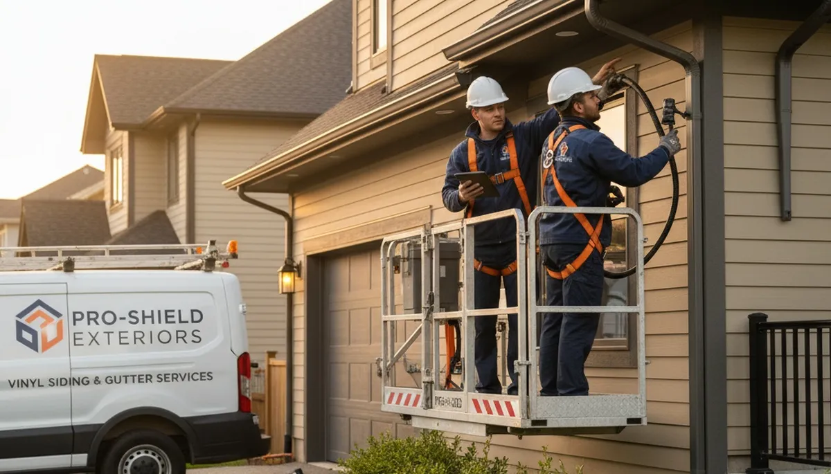 Technician performing vinyl siding and gutter inspection on Seattle WA home exterior