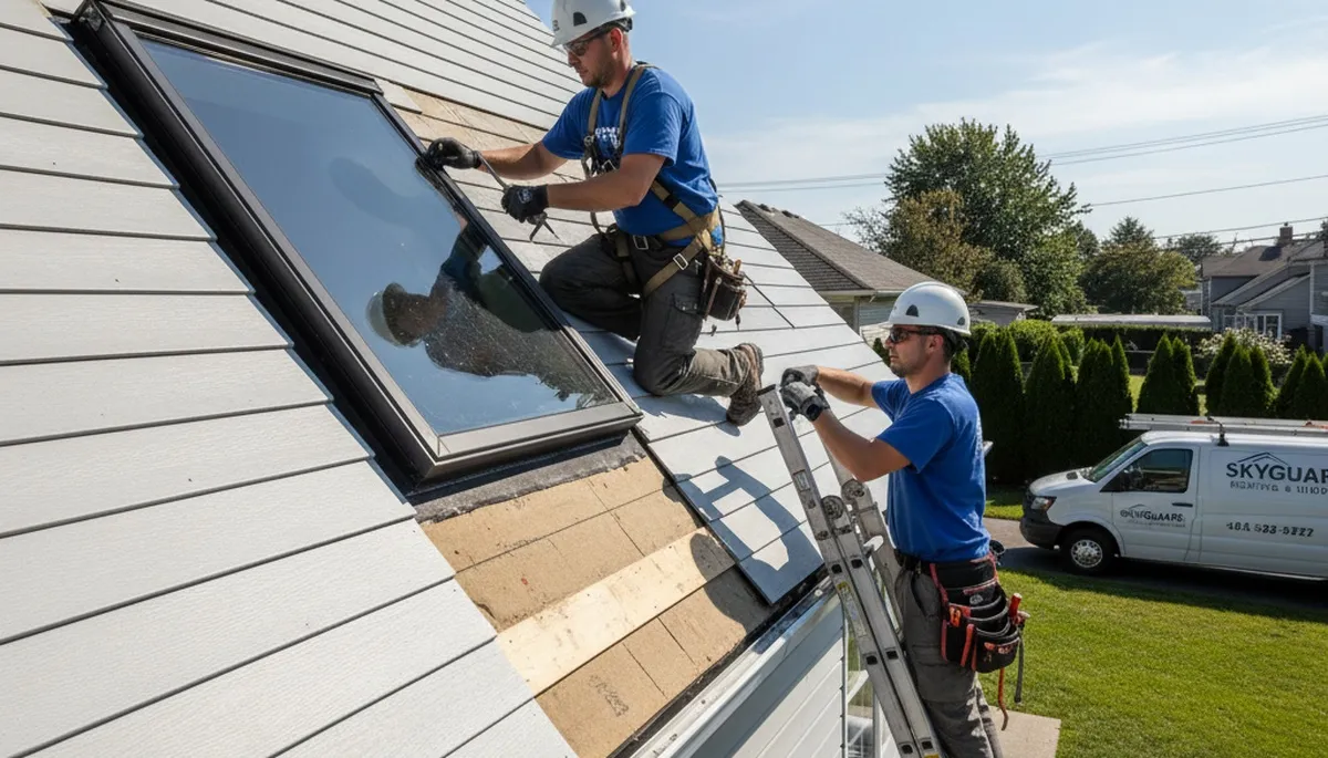 Vinyl siding contractors repairing skylight leak on residential roof in Seattle, WA
